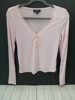 Self Esteem Y2K Baby Pink Coquette Long Sleeve Henley Ribbed Lace Vneck Top